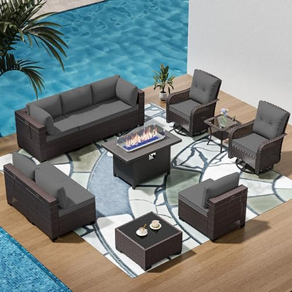 RTDTD 11 Pieces Outdoor Patio Furniture Set,Outdoor Sectional Furniture with 45" 55000 BTU Gas Propane Fire Pit Table,PE Rattan Wicker Patio Conversation Set,Swivel Rocking Chairs Set,Grey