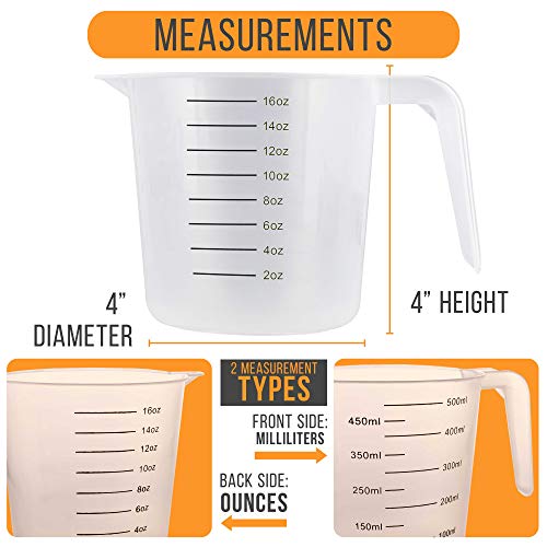 U.S. Kitchen Supply Plastic Measuring Cups with Handles - 16 oz (500 ml) Liquid Measuring Cup Set of 6 - Clear Microwave Safe Kitchen Cups - Measure in mL or Ounces, Measurement Cup for Cooking