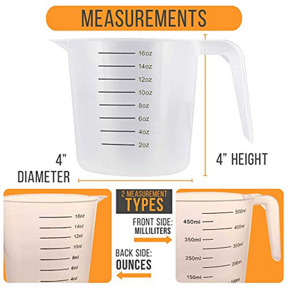 U.S. Kitchen Supply Plastic Measuring Cups with Handles - 16 oz (500 ml) Liquid Measuring Cup Set of 6 - Clear Microwave Safe Kitchen Cups - Measure in mL or Ounces, Measurement Cup for Cooking