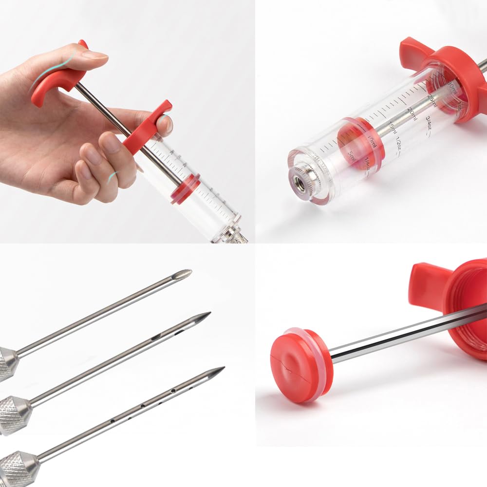 Plastic Meat Injector, Turkey Injector Syringe, Marinade Injector Turkey Injection Kit, Meat Injectors for Smoking, BBQ Grill Injector, Red 1oz (1 Injector 3 Needles)