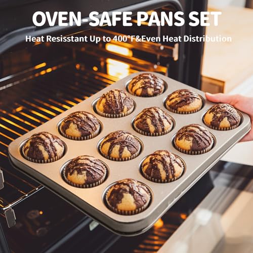 Terlulu 10-Piece Baking Pans Set, Bakeware Sets Nonstick, Baking Set for Oven Cooking, Stackable Carbon Steel Pans Include Cookie Sheets, Muffin Pan, Cake Pan, Pizza Pan, Loaf Pan, Roasting Pan, Gold