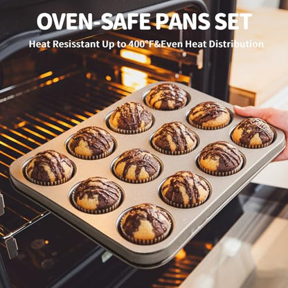 Terlulu 10-Piece Baking Pans Set, Bakeware Sets Nonstick, Baking Set for Oven Cooking, Stackable Carbon Steel Pans Include Cookie Sheets, Muffin Pan, Cake Pan, Pizza Pan, Loaf Pan, Roasting Pan, Gold