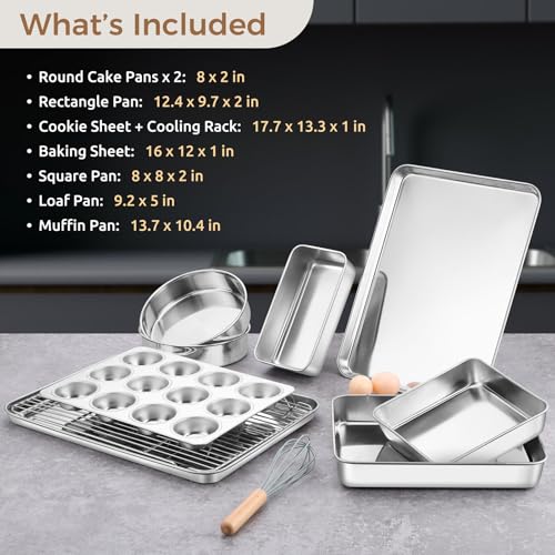 E-far 9-Piece Baking Pan Set, Stainless Steel Bakeware Sets for Sheet Cake Cookie Loaf Muffin, Include Baking Sheet, Round Square Rectangle Baking Pan & Cooling Rack, Dishwasher Safe