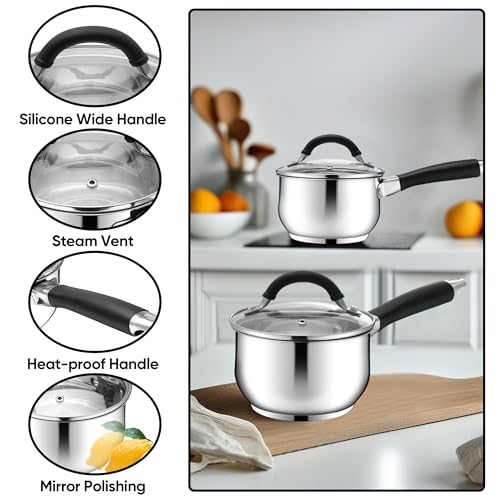 E-far 1 Quart Sauce Pan with Lid, Tri-Ply Base Stainless Steel Small Saucepan with Stay-Cool Handle, Non-toxic Kitchen Cooking Sauce Pot, Compatible with All Cooktops, Dishwasher Safe
