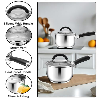 E-far 1 Quart Sauce Pan with Lid, Tri-Ply Base Stainless Steel Small Saucepan with Stay-Cool Handle, Non-toxic Kitchen Cooking Sauce Pot, Compatible with All Cooktops, Dishwasher Safe