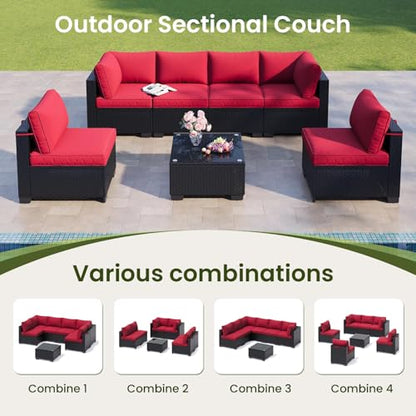 OUGMMGOU 7 Pieces Outdoor Patio Furniture Set, Outdoor Sectional Furniture Set, All-Weather PE Rattan Wicker Sofa with Cushions for Balcony, Deck, Garden