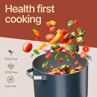 Bakken 12.5 Quart Ceramic Coated Stock Pot with Lid, Easy Clean Nonstick Pot, Tempered Glass Lid, Riveted Stainless Steel Handles, Oven Safe Up To 500°F, PTFE & PFAS Free, All Stove Compatible, Blue