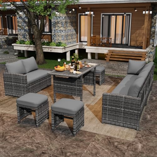 U-MAX 7 Pieces Patio Furniture Set with Waterproof Cover, Outdoor Sectional Sofa Conversation Set, All Weather Wicker Rattan Dining Table & Chair with Ottoman, Grey Rattan&Grey Cushion