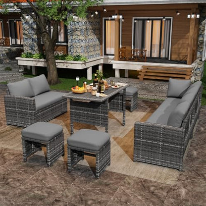 U-MAX 7 Pieces Patio Furniture Set with Waterproof Cover, Outdoor Sectional Sofa Conversation Set, All Weather Wicker Rattan Dining Table & Chair with Ottoman, Grey Rattan&Grey Cushion
