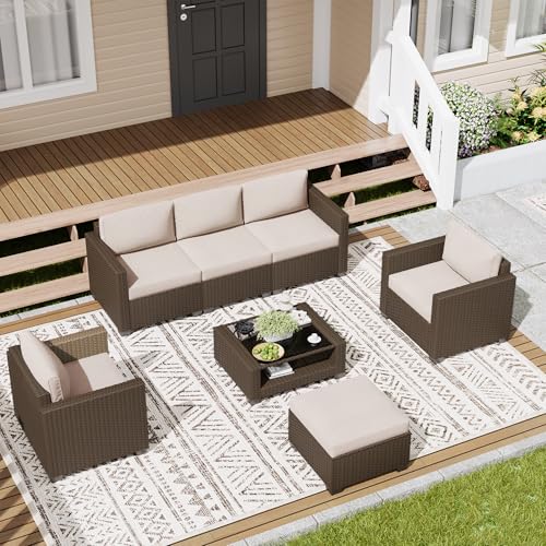 LOUVIXA 7 Piece Outdoor Patio Furniture Set, Rattan Chairs Glass Table Wicker Conversation Seating Sectional Sofa with Cushions (Brown-Beige, 7Pcs-2 Layer Coffee Table)
