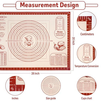 Silicone Baking Pastry Dough Mat - Non Slip Rolling Mat with Measurement Guides, Thick Reusable Kneading Board for Bread, Pizza, Cookies, Fondant, Nonstick Baking Sheet for Kitchen Counter, 20x28inch
