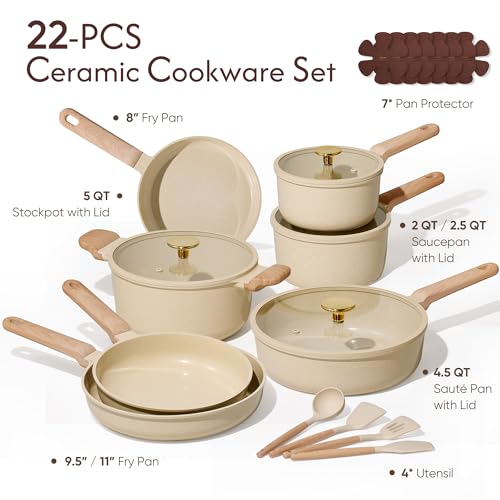 CAROTE 22Pcs Pots and Pans Set Non stick, Ceramic Cookware Set, Non-toxic Kitchen Cooking Set, PFAS and PFOA Free