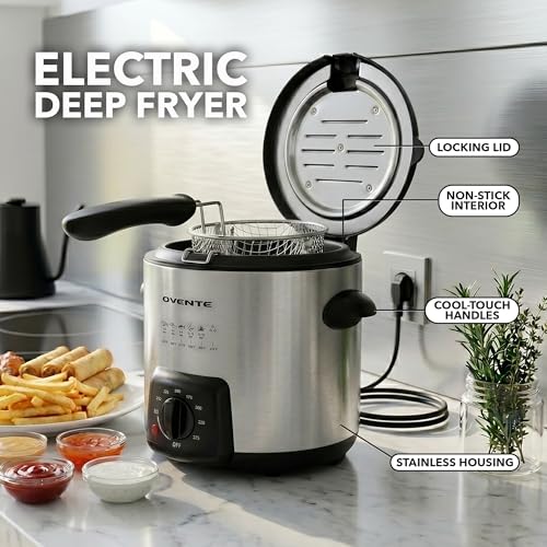OVENTE Electric Deep Fryer 0.9L Capacity with Locking Lid, Adjustable Temperature Knob, Removable Frying Basket and Cool Touch Handle, 840W Power, Easy to Clean Stainless Steel Body, Silver FDM1091BR