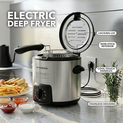 OVENTE Electric Deep Fryer 0.9L Capacity with Locking Lid, Adjustable Temperature Knob, Removable Frying Basket and Cool Touch Handle, 840W Power, Easy to Clean Stainless Steel Body, Silver FDM1091BR