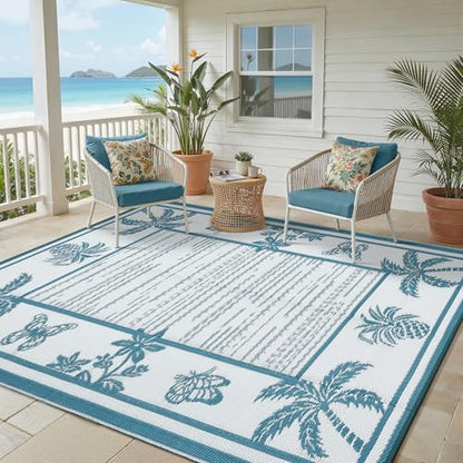 Garvee Outdoor Rug 5x8 Waterproof for Patios, Reversible Plastic Straw Rug, Tropical Leaf Indoor Outdoor Rugs, Large Area Rug for RV, Camping, Deck, Picnic Mat, Outside Carpet, Blue & White
