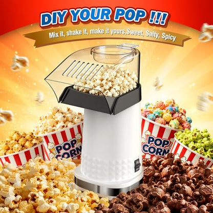 1200W Hot Air Popcorn Machine - 4.5-Quart Oil-Free Popcorn Maker with 2-Min Fast Popping, High Efficiency Air Popper with Anti-Clog Design for Healthy Family Snack (White)