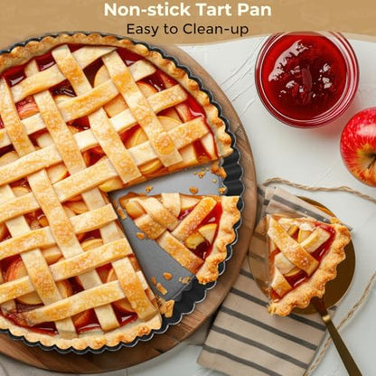 Targihoemt 9in Tart Pan and 1.1lb Ceramic Pie Weights Set, 1.1in Depth Non-Stick Quiche Pan, Removable Bottom Carbon Steel Pie Pan, Round Pizza Pan for Pies, Tarts and Quiches