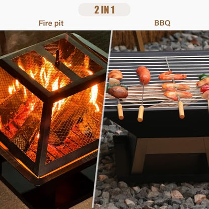 Quilushey 19.8inch Portable Small Fire Pit with a Removable Ash Pan, Fire Poker, Mesh Lid, 2 in 1 Square Outdoor Fireplace for BBQ, Outside Heating, Bonfire Party, Camping, Backyard, Patio, RV Trip