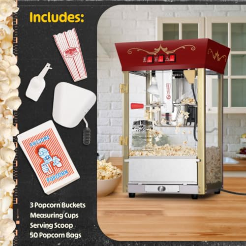 Matinee Popcorn Machine with Cart - 8oz Popper with Stainless-Steel Kettle, Warming Light, and Accessories by Great Northern Popcorn (Red)