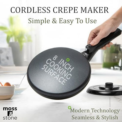 Moss & Stone Cordless Electric Crepe Maker, 8" Portable Nonstick Crepe Pan