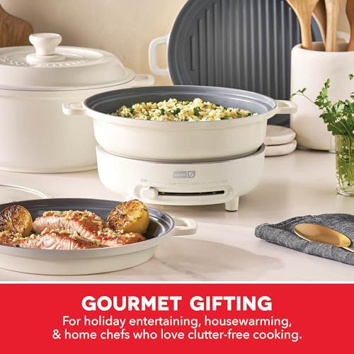 Dash Stacks Stacking Cookware Set with Electric Burner - Features CleanCoating™ Ceramic Nonstick Coating - Versatile, Nestable Pieces - Convenient Storage - Cream, 16-Piece