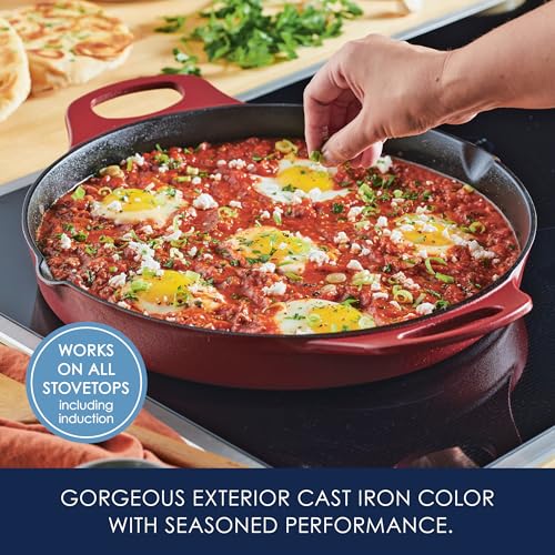 Rachael Ray Nitro Cast Iron Skillet with Side Handles, 14 Inch, Red