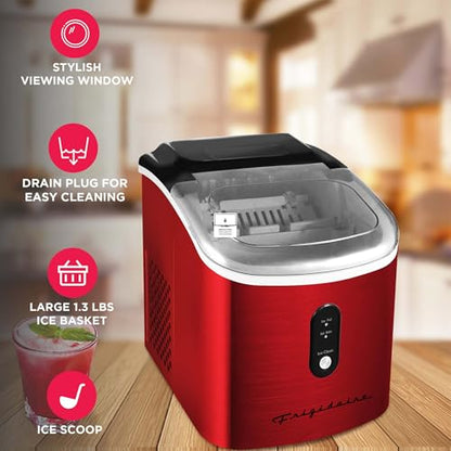 Frigidaire EFIC103 Ice Maker Machine Heavy Duty, 26lb Ice per Day, Red Stainless Steel