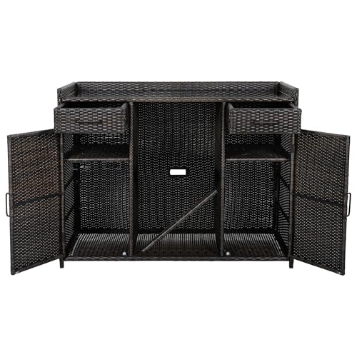 LUMISOL Outdoor Wicker Storage Cabinet with Fridge Space, Patio Bar Table with Adjustable Shelves & Drawers, Outdoor Mini Fridge Bar Cabinet for Pool Garden Kitchen, Black+Brown