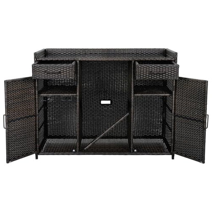 LUMISOL Outdoor Wicker Storage Cabinet with Fridge Space, Patio Bar Table with Adjustable Shelves & Drawers, Outdoor Mini Fridge Bar Cabinet for Pool Garden Kitchen, Black+Brown