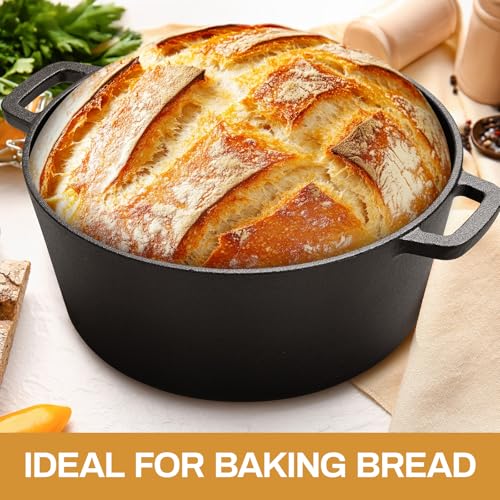 TLGREEN Cast Iron Dutch Oven Pot with Lid, Pot (6.7QT) and Lid as a Skillet(2.5QT) - Dutch Oven Cast Iron with Silicone Holders, Iron Stand, for Oven, Stove, Grill，Campfire