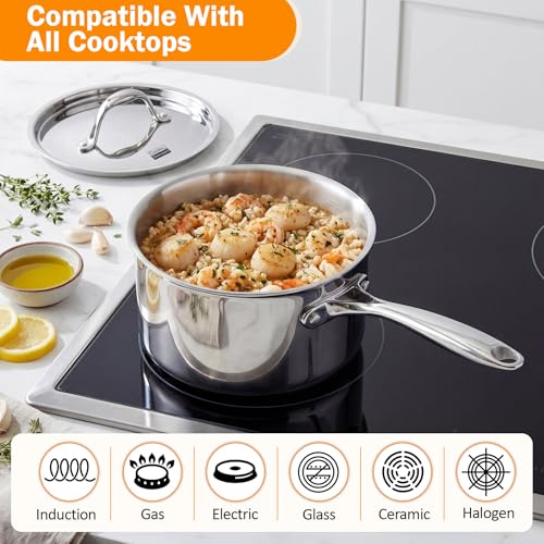 Cooks Standard Multi-Ply Clad Stainless Steel Saucepan with Lid, Sauce Pan Kitchen Induction Pot, Dishwasher & Oven Safe, Compatible with All Cooktops, 3-Quart