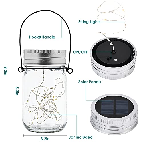 GIGALUMI Hanging Mason Jar Solar Lights, 6 Pack 30 Led Hanging Solar Lanterns Outdoor Waterproof, Hangers and Jars Included, Outdoor Decor for Balcony, Garden, Patio, Yard, Wedding