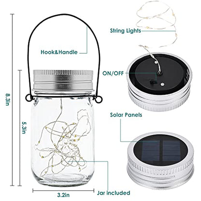 GIGALUMI Hanging Mason Jar Solar Lights, 6 Pack 30 Led Hanging Solar Lanterns Outdoor Waterproof, Hangers and Jars Included, Outdoor Decor for Balcony, Garden, Patio, Yard, Wedding