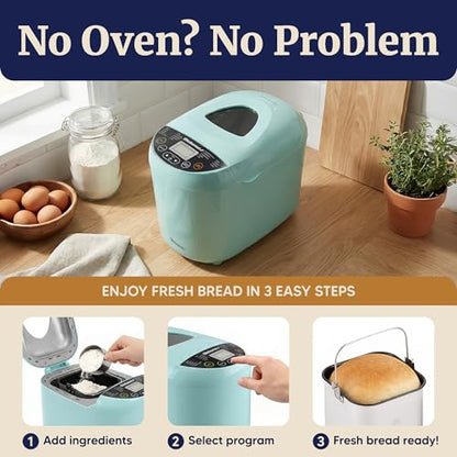 Elite Gourmet Programmable Bread Maker, 2 lb Loaf, 3 Sizes, 19 Presets incl. Gluten-Free, Dough & Jam, Delay Timer, Mint