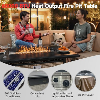 Aukreolis 11 Pieces Patio Furniture Set with Fire Pit Table, Outdoor Sectional Wicker Sofa with Thick Cushions, High Back Swivel Rocker Patio Chairs, Rattan Conversation Set with Coffee Table, Grey