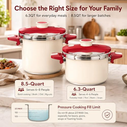 MICHELANGELO Stovetop Pressure Cooker Stainless Steel, 6.3 qt, 304 Stainless Steel, 6-Fold Safety System, One-Hand Easy-Open Lid, 2 Pressure Settings, Steamer Basket & Glass Lid, Induction Compatible