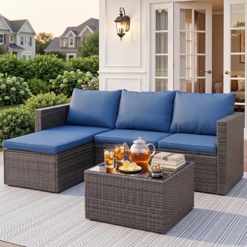 Patio Furniture Set 4 Pcs Outdoor Sectional Sofa Set with Cushion, Blue