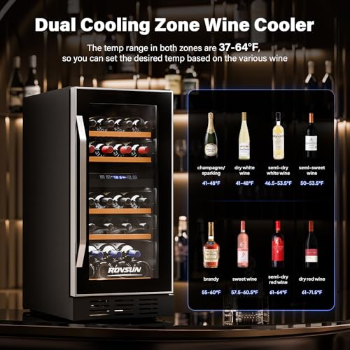 ROVSUN 15 Inch Dual Zone Wine Fridge, 26 Bottle Wine Cooler Refrigerator