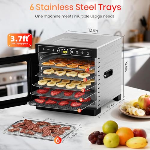 Food Dehydrator Machine, 6 Stainless Steel Trays, 400W Fruit Dehydrator with Visible Skylight, 195°F&24H Meat Dehydrator for Jerky, Pet Treats, Herbs, Fruit and Yogurt, Silver