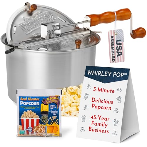 Original Whirley Pop Popcorn Machine – 3-Minute Stovetop Popcorn Maker for Home Movie Night & Game Night Snacks – Aluminum Pot with Metal Gears, Includes 1 Popping Kit – Silver