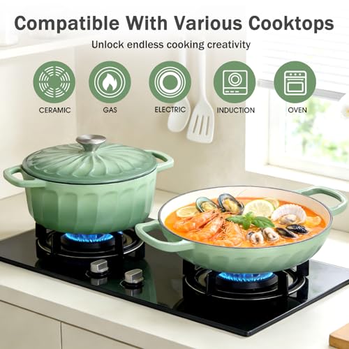NSIRONS Enameled Cast Iron Dutch Oven, 3.8 Quart Dutch Oven Pot with Lid, Shallow Cast Iron Braiser with Handles, Oven Safe up to 500°F (Pistachio Green)