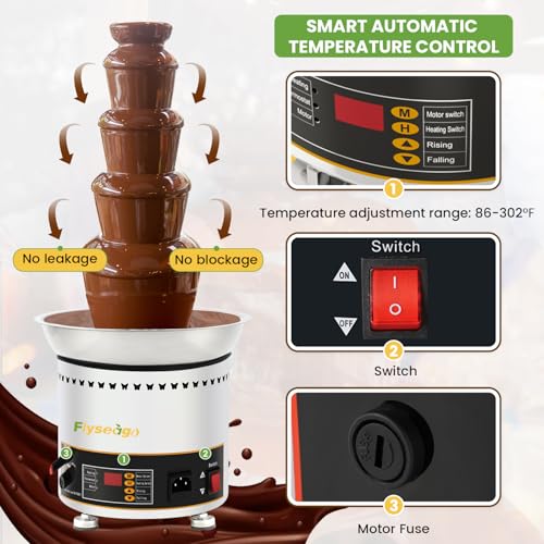 Flyseago Chocolate Fountains Commercial 5 Tiers 9Lbs Large Chocolate Waterfall Machine Stainless Steel Hot Cheese Fondue Tower Easy Assembly Perfect for Candy BBQ Sauce Ranch Liqueurs Digital-control