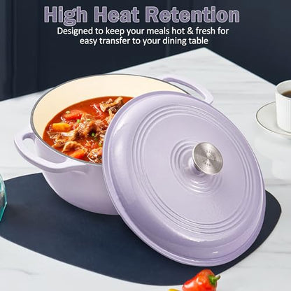 Vivicreate 6 Quart Enameled Cast Iron Dutch Oven Pot with Lid Heavy Duty Dutch Oven for Bread Baking Braising Stews Roasting Oven Safe up to 500°F Dual Handles Purple (Purple)