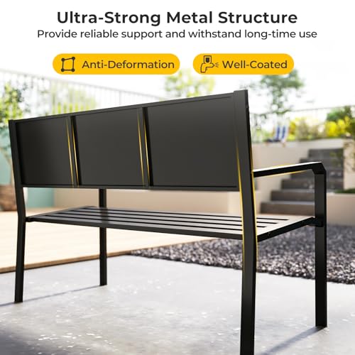 Tangkula 50" Metal Patio Park Bench, Modern Outdoor Classic Slatted Loveseat for 2-3 People with Curved Seat & Mosaic Backrest, Heavy-Duty Outdoor Seating for Backyard, Poolside, Porch