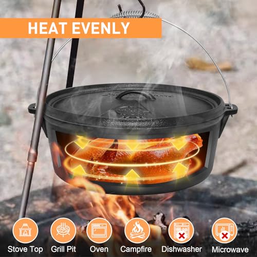 Camping Dutch Oven, 9 Qt Pre-Seasoned Cast Iron Camp Dutch Oven Pot with Lid - Lid Lifter, Cast Iron Dutch Oven with Metal Handle for Cooking BBQ Baking Campfire Modern Black