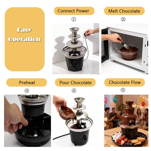 Yollsolom 3-Tier Chocolate Fondue Fountain, 1LB Capacity Electric Chocolate Fountain Machine with 6 Forks & Tray - 40W 430 Stainless Steel for Party Wedding Birthday (Black)