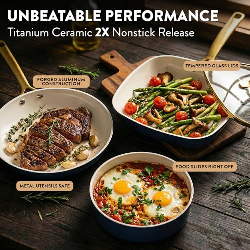 Gotham Steel Hammered 20Pcs Ceramic Cookware Set, Induction Pots and Pans Set Non Stick with Deep Fry Pan, Steamer, & Bakeware, Non Toxic PFOA PFOS Free, Oven & Dishwasher Safe