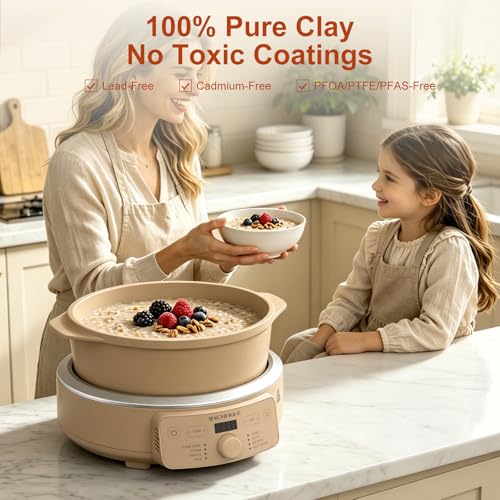 MAGNIFIQUE Slow Cooker, 4.5 Quart 8-in-1 Clay Pot Multi-Cooker, Non-Toxic Slow Cooker with Removable Clay Pot, for Rice, Pasta, Steam & Proof, Nonstick, Oven Safe Pot to 500°F, Brown