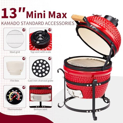 Outvita 13" Round Kamado Charcoal Grill, Portable Ceramic Barbecue Grill with Thermometer for Variations on Cooking Methods(Red)