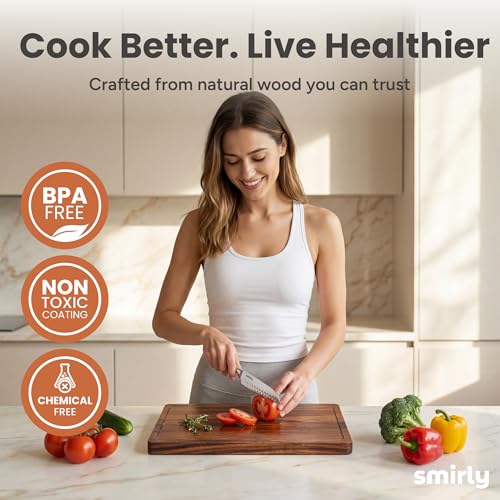 SMIRLY Walnut Cutting Board for Kitchen - Wood Cutting Boards with Handle and Juice Groove for Meal Prep, Serving, Charcuterie - Kitchen Gadgets - Non Toxic Wooden Chopping Board Set of 3 with Holder